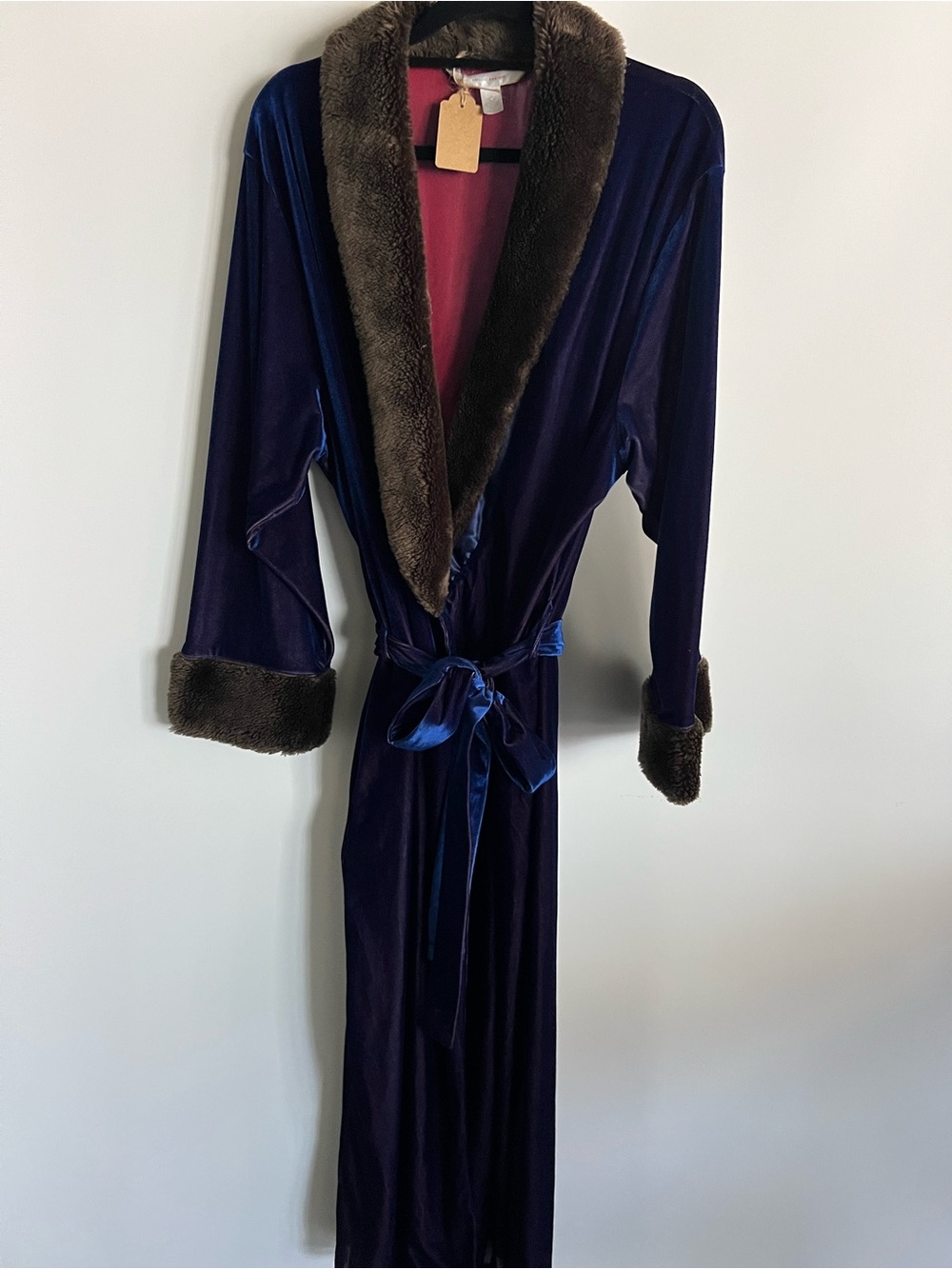 Vintage Velvet Maroon and Royal Blue Color Shifting Robe with Faux Fur Trim